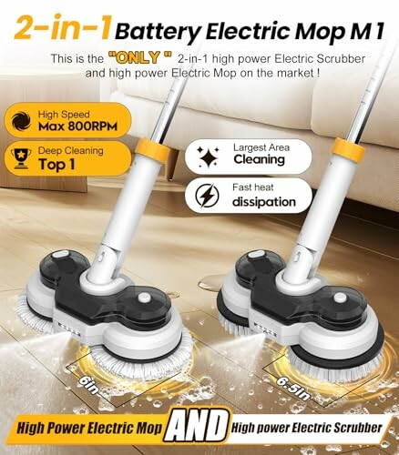 2-in-1 battery electric mop with high power and deep cleaning features.