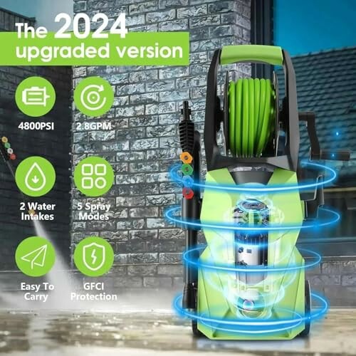 2024 upgraded pressure washer with features like 4800PSI, 2.8GPM, 2 water intakes, 5 spray modes, easy to carry, and GFCI protection.