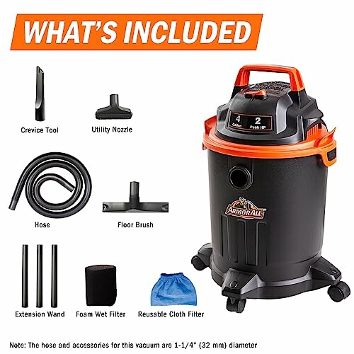 The vacuum comes with a crevice tool, utility nozzle, and floor brush for versatile cleaning needs.