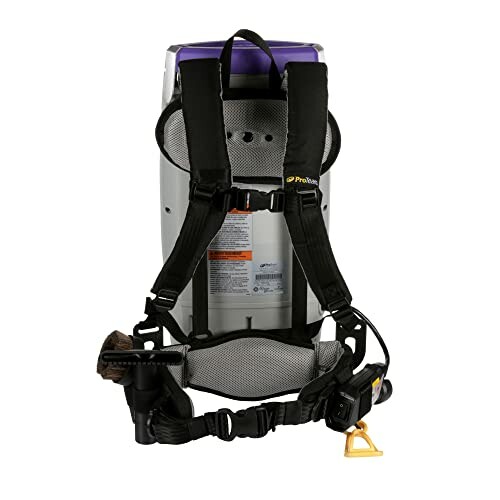 Back view of a backpack vacuum cleaner with straps and attachments.