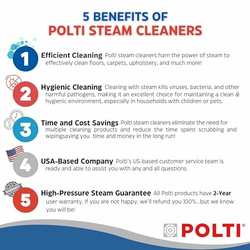 Infographic listing 5 benefits of Polti steam cleaners.