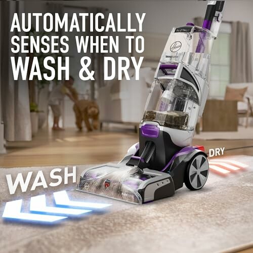 Carpet cleaner with automatic wash and dry feature.