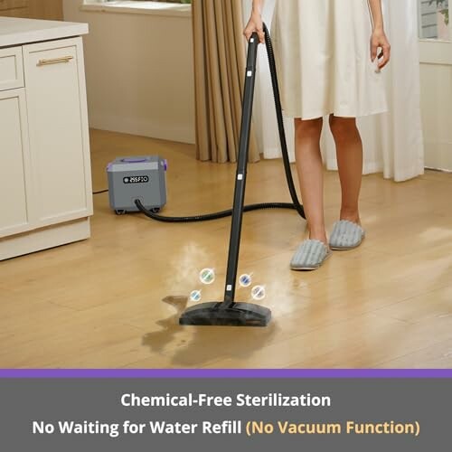 Person using chemical-free steam cleaner on wooden floor.