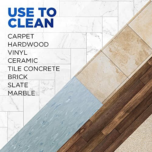 Different surfaces for cleaning: carpet, hardwood, vinyl, ceramic, tile, concrete, brick, slate, marble