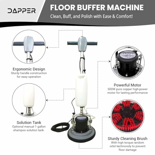 Dapper floor buffer machine with ergonomic design, powerful motor, solution tank, and sturdy cleaning brush.