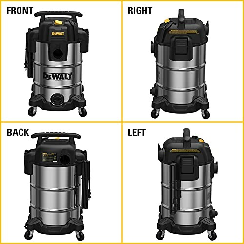 DeWalt vacuum cleaner shown from front, right, back, and left views.