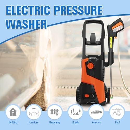 Electric pressure washer with icons for building, furniture, gardening, roads, vehicles, pool.