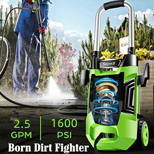 Person using electric pressure washer, 2.5 GPM, 1600 PSI, Born Dirt Fighter