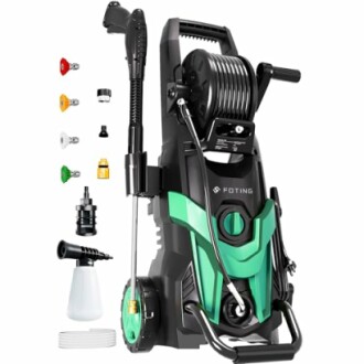Electric pressure washer with attachments and hose reel.
