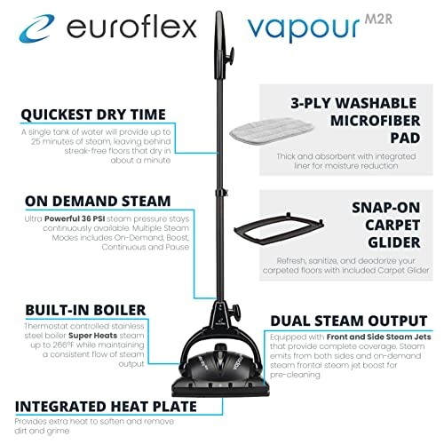 Euroflex Vapour M2R steam mop features and specifications.