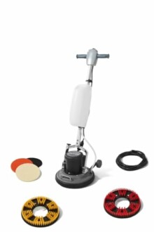 Floor buffer machine with accessories including brushes and pads.