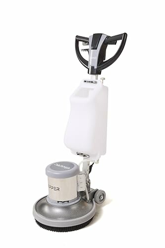 Industrial floor polisher machine with handle and cleaning pad.