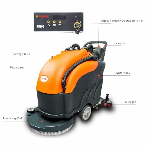 Commercial floor scrubber with labeled parts including display screen, handle, water tank, squeegee, and burnishing pad.