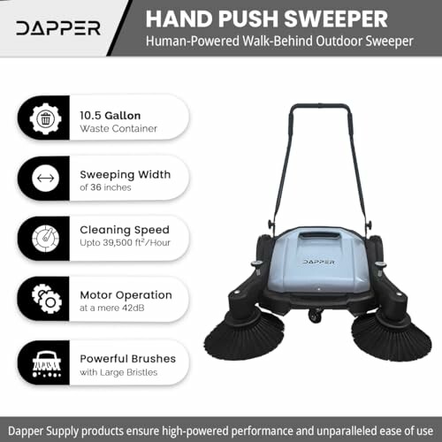 Hand push sweeper with features like 10.5 gallon waste container and sweeping width of 36 inches.