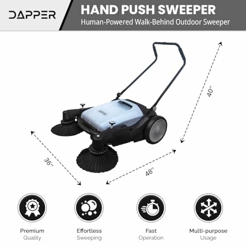 Hand push sweeper with dimensions and feature icons.