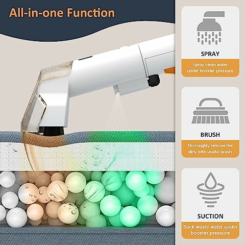 Demonstration of handheld vacuum cleaner with spray, brush, and suction functions.