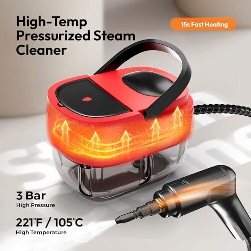 High-temp pressurized steam cleaner with 15s fast heating, 3 bar pressure, 221°F temperature.