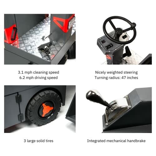 Close-up of industrial floor cleaning machine features including speed, steering, tires, and handbrake.