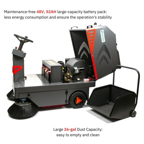 Industrial floor sweeper with large battery pack and dust capacity.