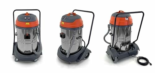 Three views of an industrial vacuum cleaner with a red top and metal body.