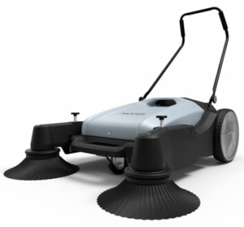 Manual push floor sweeper with dual brushes and handle.