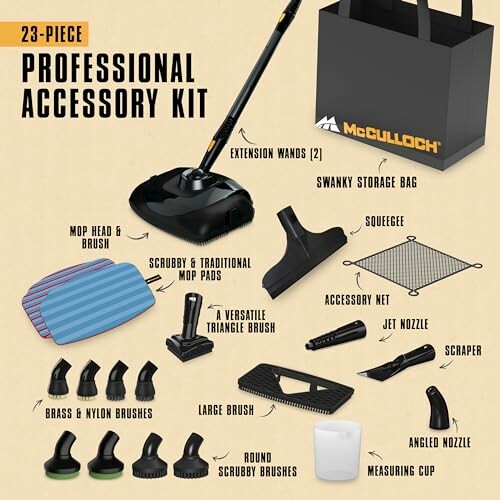 23-piece professional steam cleaner accessory kit with various brushes, pads, and tools.