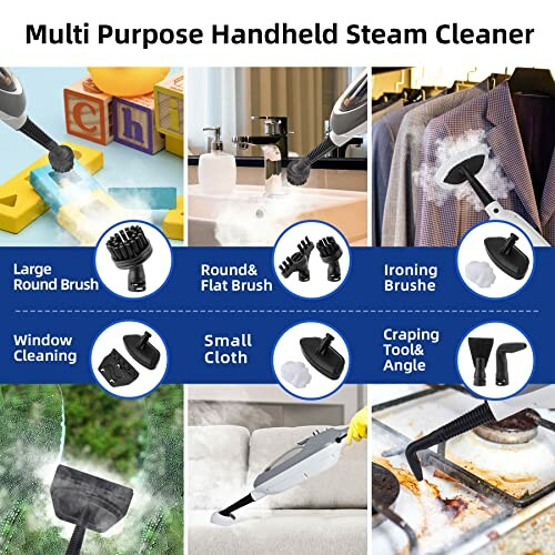 Collage of a multi-purpose handheld steam cleaner with various attachments for cleaning and ironing.