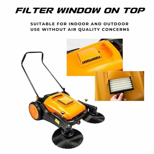 Manual floor sweeper with filter window on top, suitable for indoor and outdoor use.