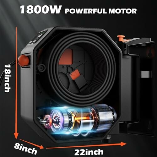 Portable electric pressure washer with 1800W motor and dimensions.