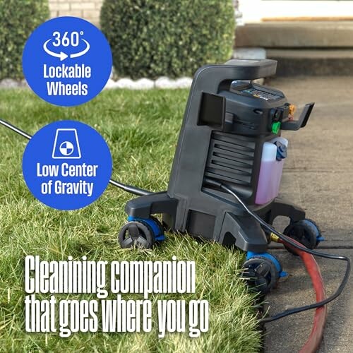 Portable pressure washer with 360 lockable wheels and low center of gravity on grass.