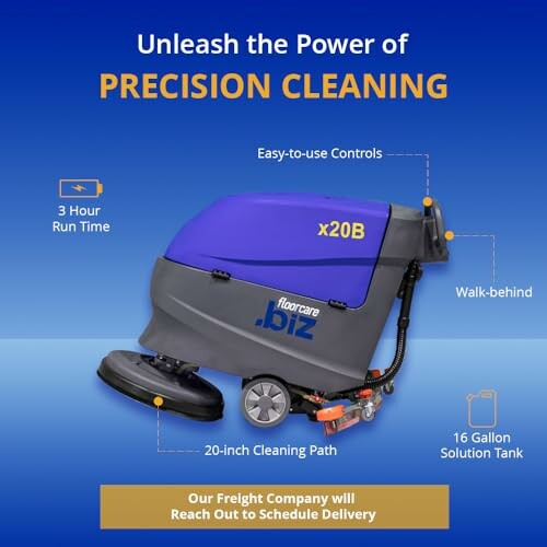 Cleaning machine with features like 3-hour run time, easy controls, and 16-gallon solution tank.