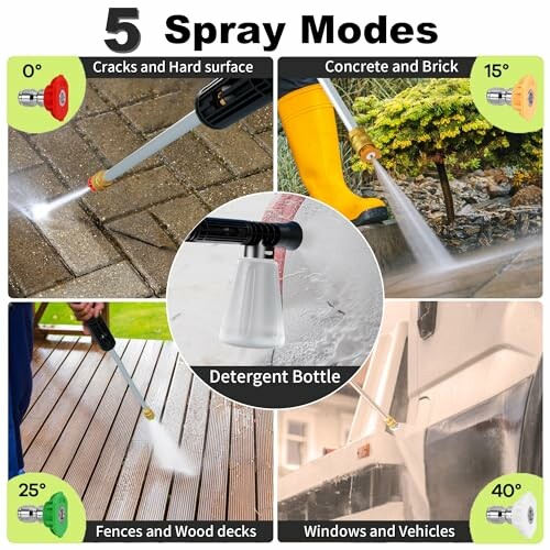 Pressure washer with 5 spray modes for various surfaces.