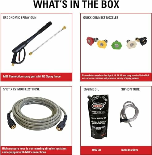 Pressure washer accessories including spray gun, nozzles, hose, engine oil, and siphon tube.