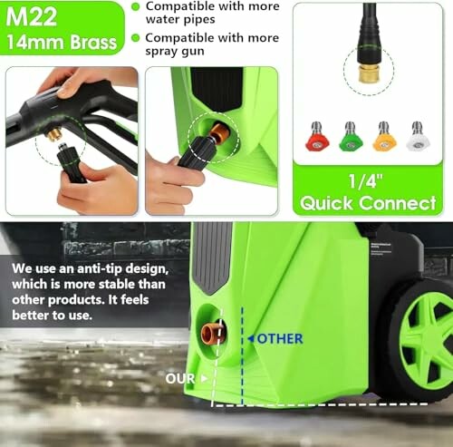 Pressure washer with M22 14mm brass fitting and quick connect spray tips.