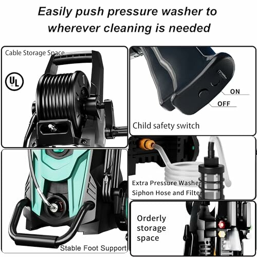 Pressure washer with cable storage, safety switch, and accessories.