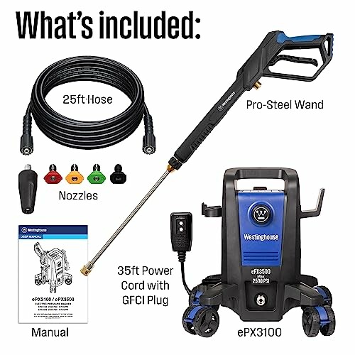 Pressure washer components including hose, wand, nozzles, power cord, manual, and washer unit.