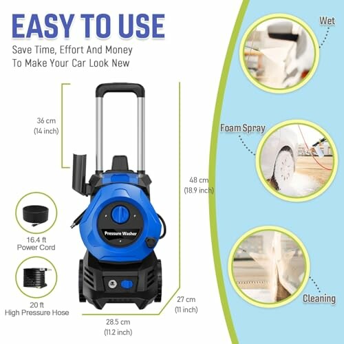 Pressure washer with dimensions and cleaning features highlighted.