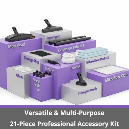 21-piece professional accessory kit with mop head, squeegee, extension tubes, storage bag, nozzle, bonnet, cleaning pads, brushes, and microfiber cloth.