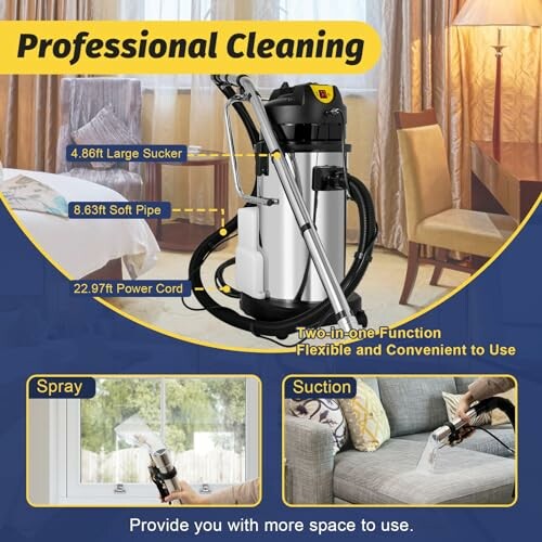 Vacuum cleaner with large sucker, soft pipe, and power cord for professional cleaning.