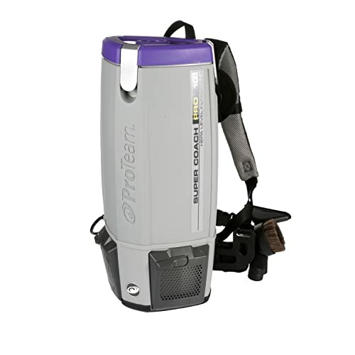 ProTeam backpack vacuum cleaner with harness and brush attachment.