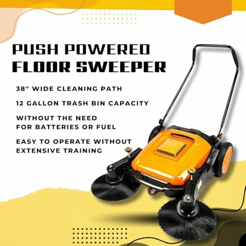 Push powered floor sweeper with 38-inch cleaning path and 12-gallon trash bin capacity.