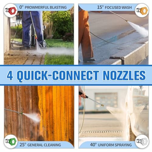 Guide showing four quick-connect nozzles for pressure washers with descriptions and images.