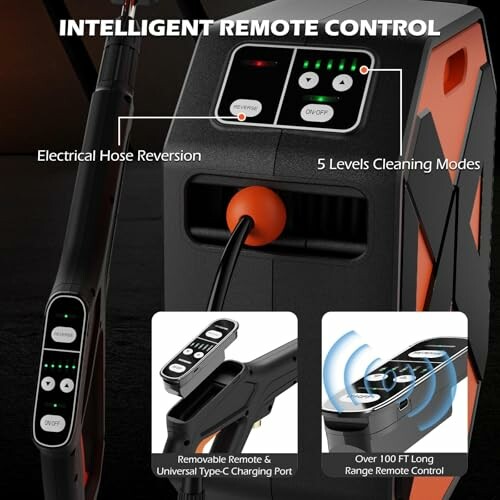 Intelligent remote control cleaning device with hose and features.