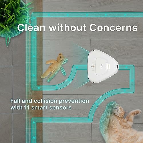 Robot vacuum with sensors cleaning around a cat and toy.