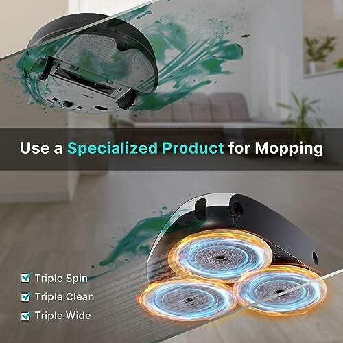 Robotic mop with triple spin and wide cleaning features.