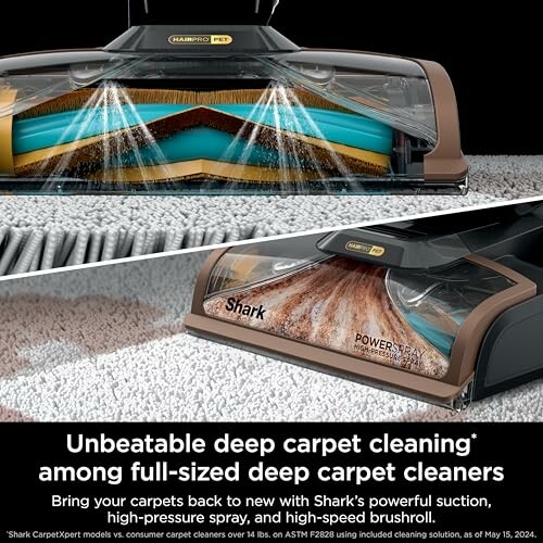 Shark carpet cleaner with powerful suction and brushroll on carpet.