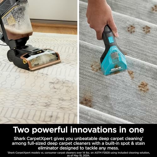 Shark carpet cleaner demonstrating deep cleaning on stairs and carpet.