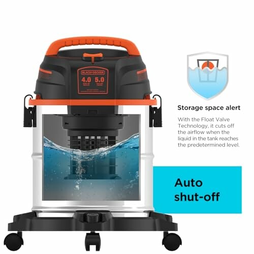 Shop vacuum with auto shut-off and float valve technology.