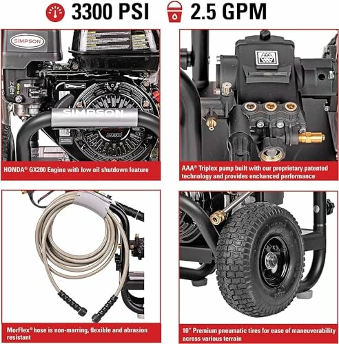 Simpson power washer with features like Honda GX200 engine, AAA triplex pump, MorFlex hose, and pneumatic tires.