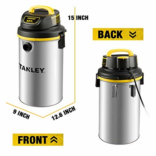 Stanley 4-gallon wet/dry vacuum with dimensions shown.